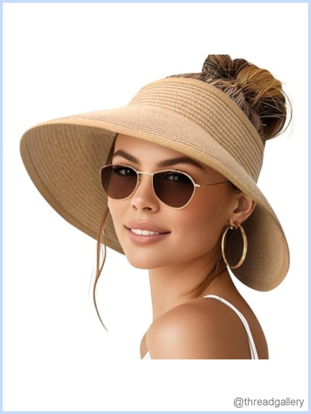 Women's Wide Brim Ponytail Straw Sun Hat UPF 50 Foldable Beach